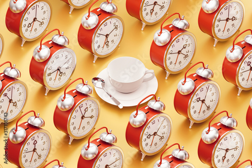 It s Time for a Coffee Break. White coffee set placed among of arranged to rows alarm clocks. 3D rendering graphics on the subject of  Workday Routine .