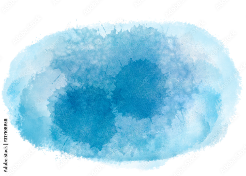 Blue brush watercolor cloud splash with stains. Ethereal backdrop for web site , template design or backdrop isolated on white background. Digital abstract illustration artwork with copy space.