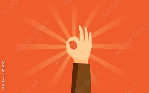 OK gesture flat vector illustration. Human hand showing modern approval sign isolated on orange background with sunburst. Trendy body language, nonverbal communication idea design element