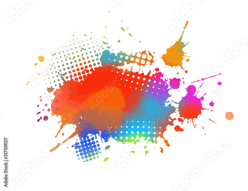 Multi-colored spots of paint on a white background. Grunge frame of paint. Mixed media. Vector illustration.