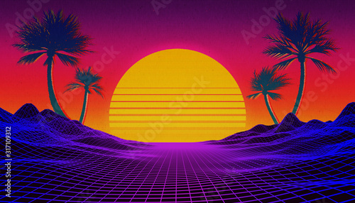 Retrowave, synthwave or vaporwave 80's landscape with neon light grid, sun and palm trees. Sci-fi, futuristic illustration with copy space for text. photo