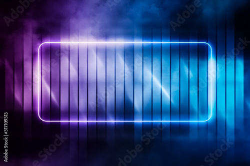 Glowing empty rectangular neon frame synthwave abstract background or backdrop or wallpaper with copy space for text or title. Blue and purple futuristic digital graphic illustration.