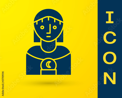 Blue Astrology woman icon isolated on yellow background. Vector Illustration
