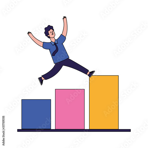 man jumping on graphic bar chart, colorful design