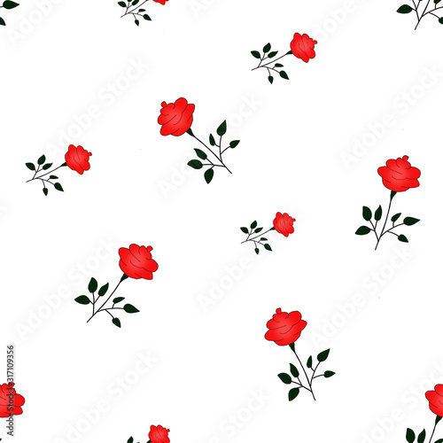 Seamless roses pattern of red flowers on a white background. Floral pattern for wallpaper or fabric. Flower rose. Botanic Tile.