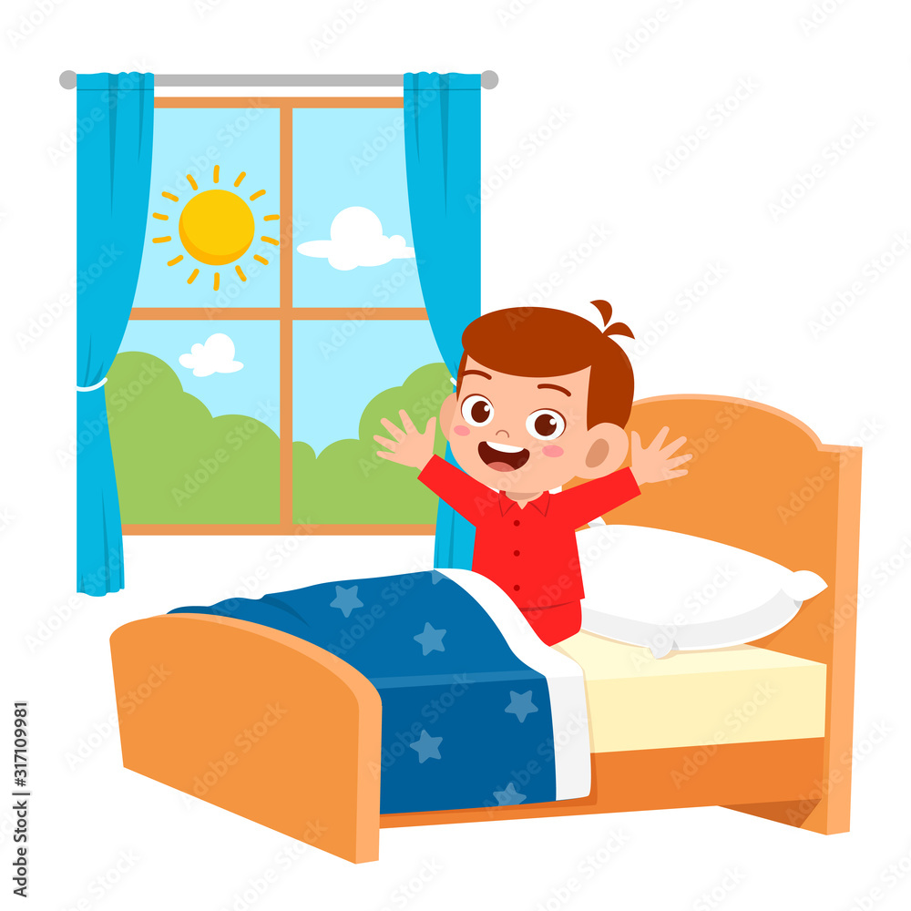 Vecteur Stock happy cute little kid boy wake up in the morning | Adobe Stock