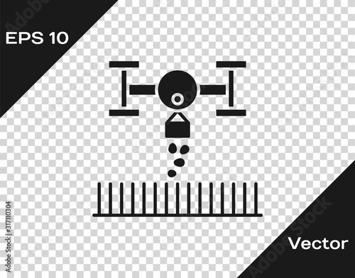 Grey Smart farm with drone control for seed planting icon isolated on transparent background. Innovation technology for agricultural company. Vector Illustration