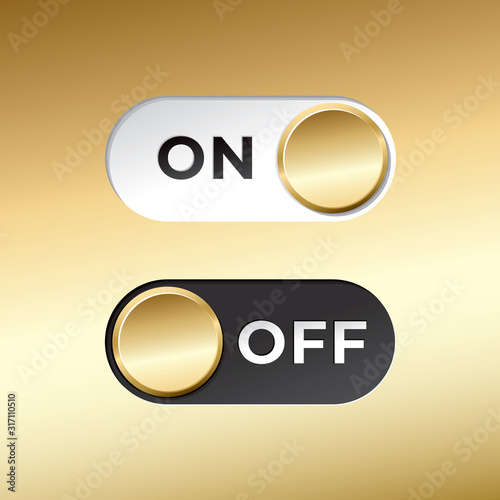 On and Off Gold Toggle Switch Buttons with Lettering Modern Devices User Interface Mockup or Template - Black and White on Golden Background - Gradient Graphic  Design