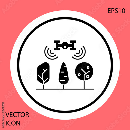 Black Smart farm with drone control and tree icon isolated on red background. Innovation technology for agricultural company. White circle button. Vector Illustration