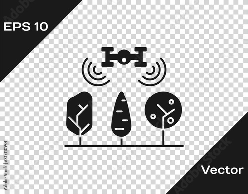 Grey Smart farm with drone control and tree icon isolated on transparent background. Innovation technology for agricultural company. Vector Illustration
