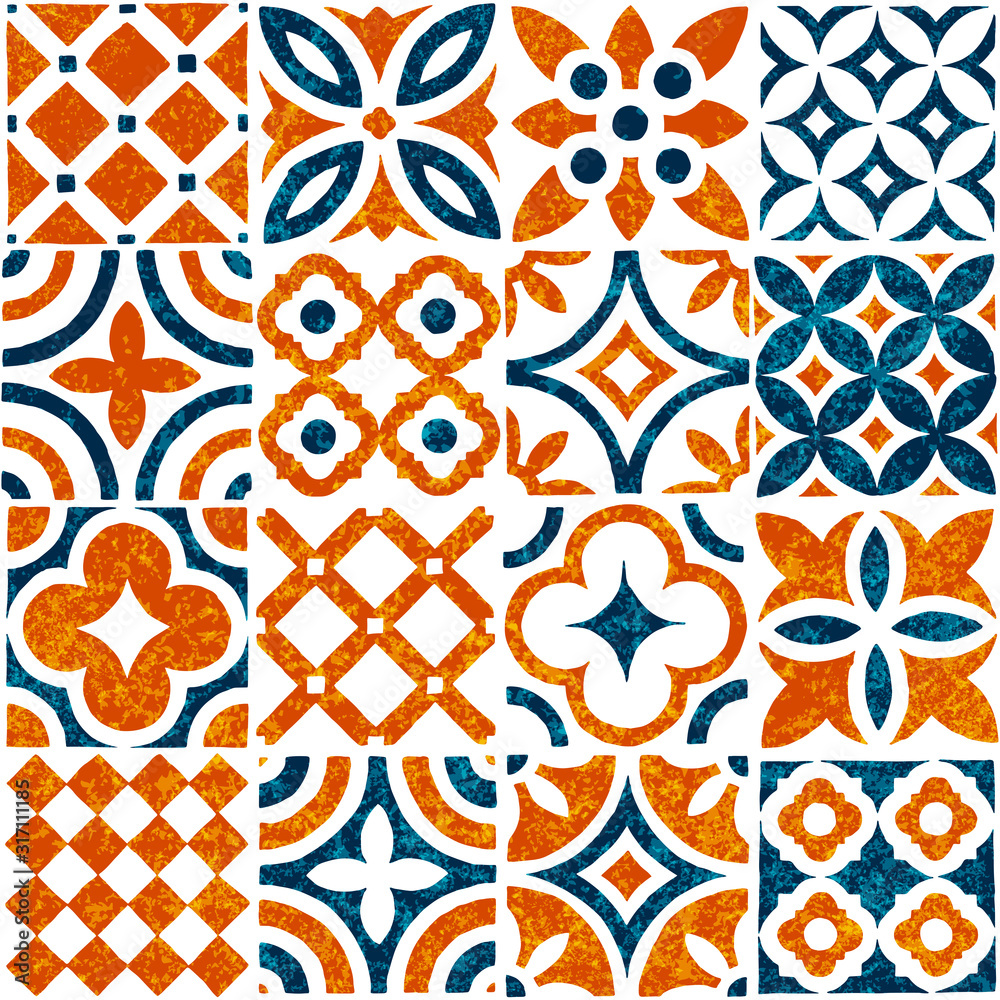 Seamless tile ornament in patchwork style. Grunge texture. Print for textiles. Vector illustration.