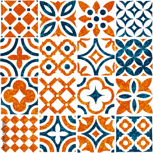 Seamless tile ornament in patchwork style. Grunge texture. Print for textiles. Vector illustration.