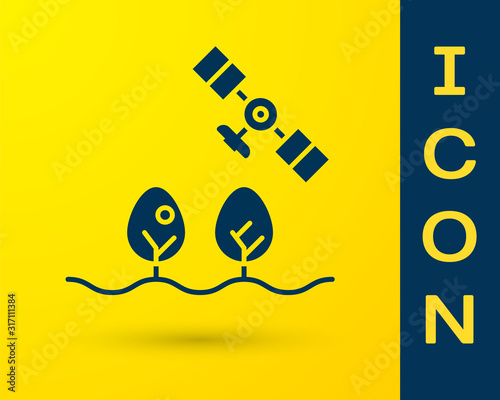 Blue Smart farm with drone control and tree icon isolated on yellow background. Innovation technology for agricultural company. Vector Illustration