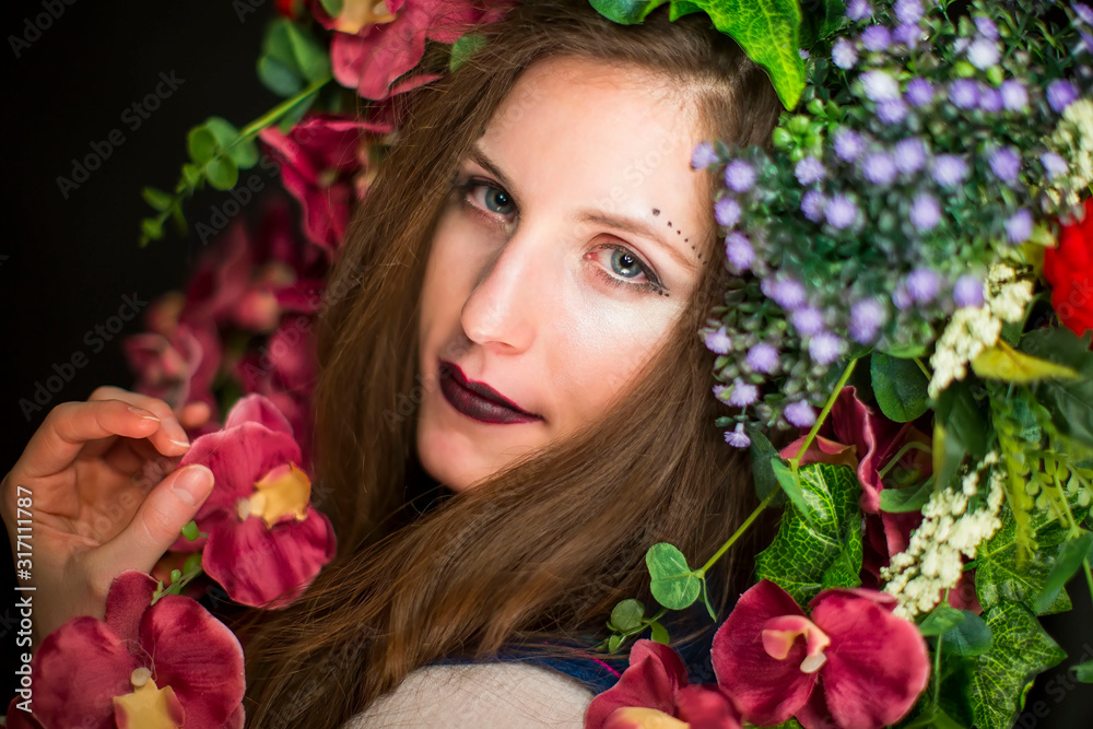 colorful flowers, pure skin and dark lipstick colorful flowers, pure skin and dark lipstick