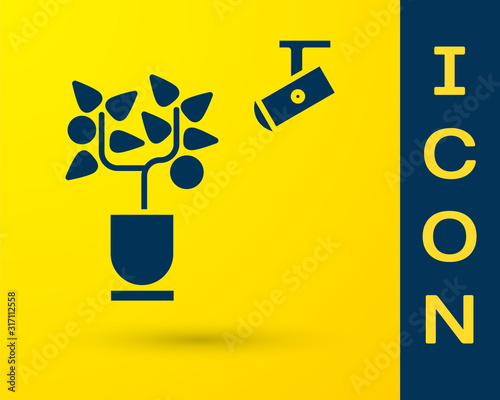 Blue Smart farming technology - farm automation system in app icon isolated on yellow background. Vector Illustration