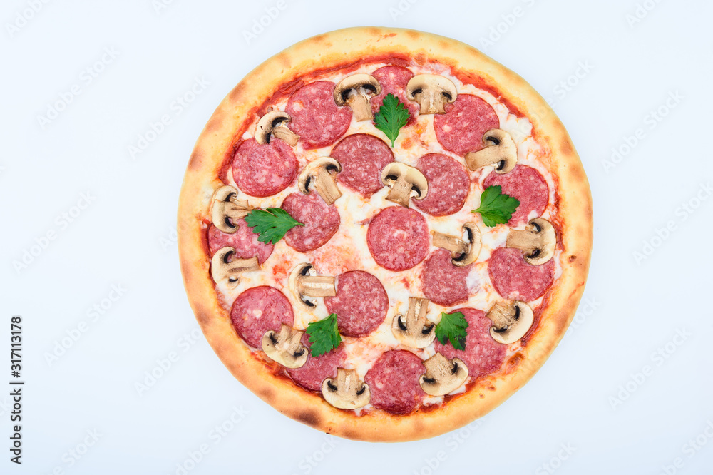 pizza with cheese sausage mushrooms on a white background for the site pizza with cheese sausage mushrooms on a white background for the site