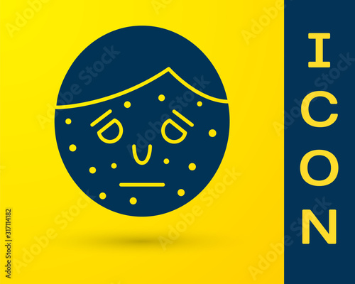 Blue Face with psoriasis or eczema icon isolated on yellow background. Concept of human skin response to allergen or chronic body problem. Vector Illustration