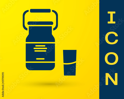 Blue Can container for milk and glass icon isolated on yellow background. Vector Illustration
