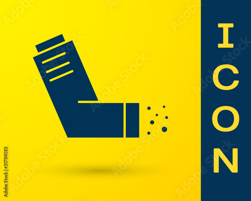 Blue Inhaler icon isolated on yellow background. Breather for cough relief, inhalation, allergic patient. Medical allergy asthma inhaler spray. Vector Illustration