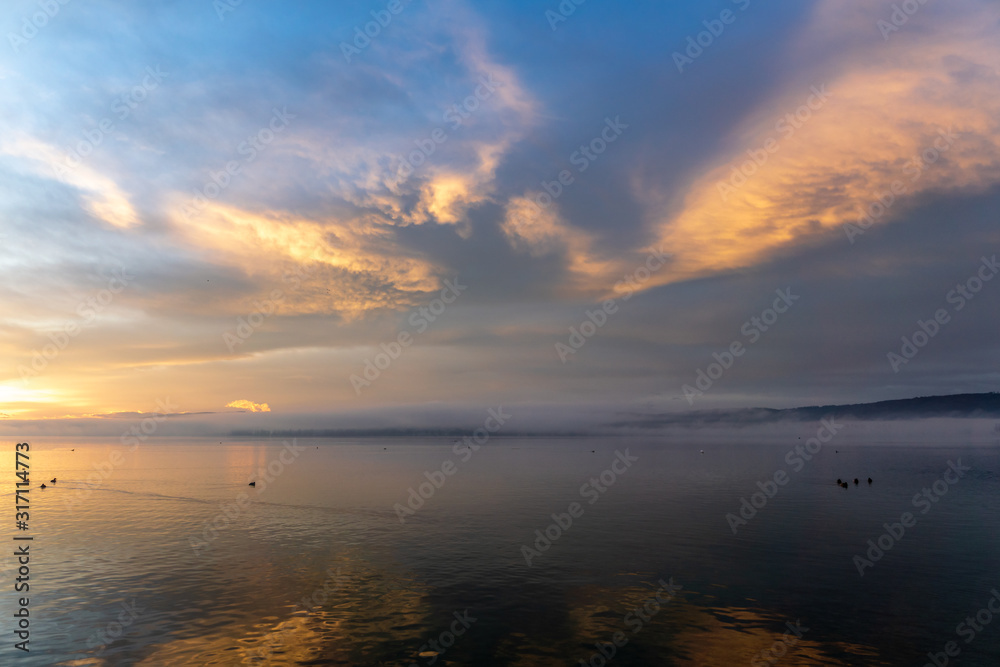Sonnenaufgang im Frühjahr am schönen Bodensee mit Enten im Wasser 