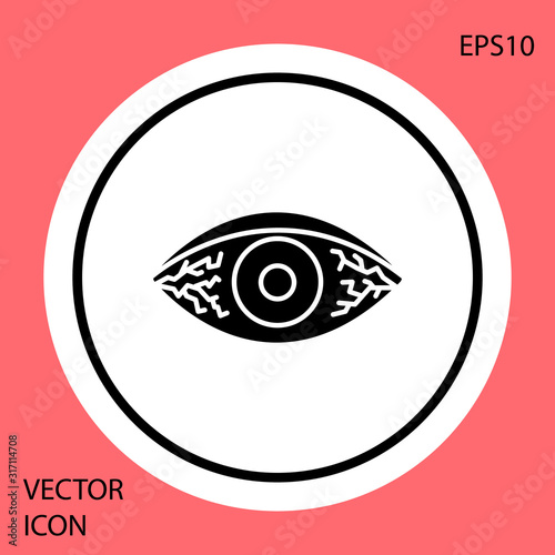 Black Reddish eye due to viral, bacterial or allergic conjunctivitis icon isolated on red background. White circle button. Vector Illustration