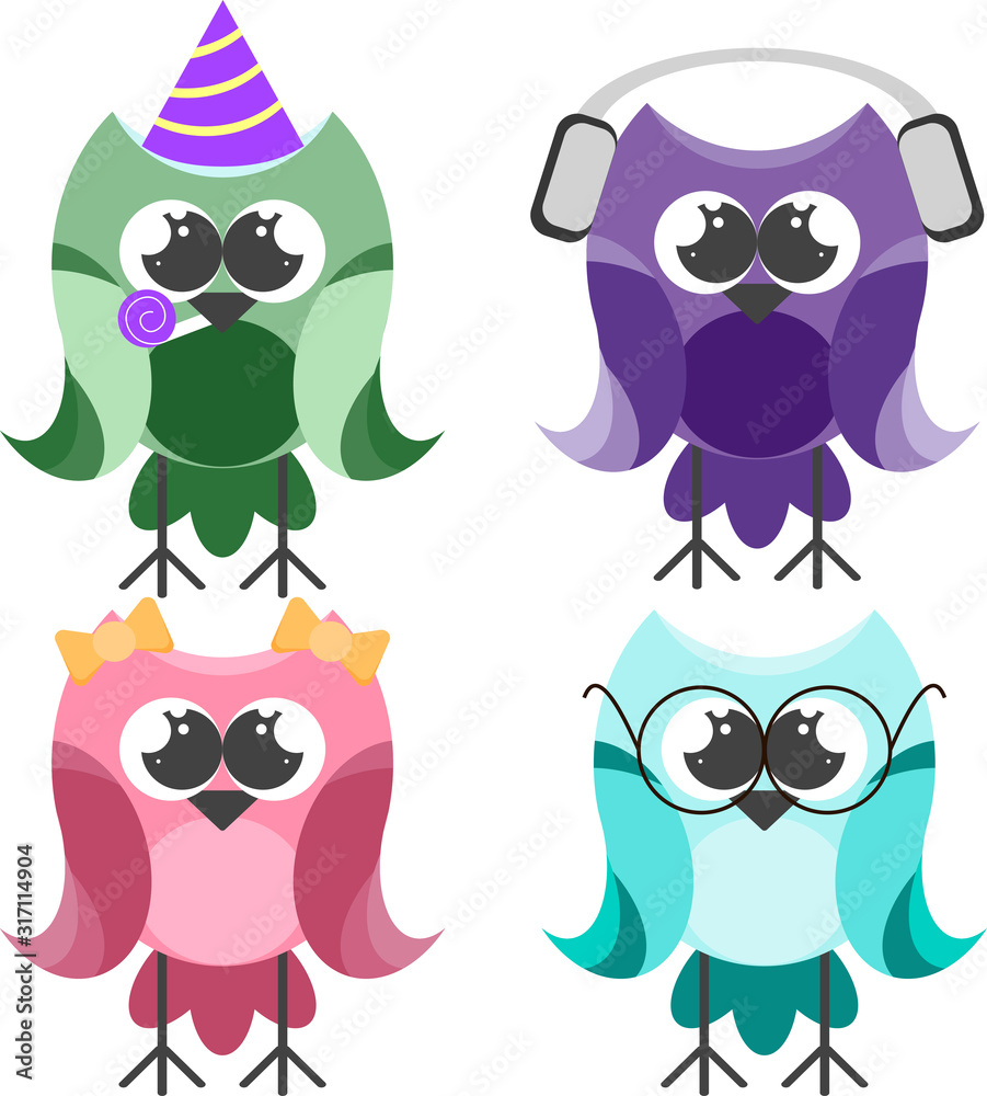Bright vector owls in four variations with different objects, with bows, headphones, glasses, a cap.