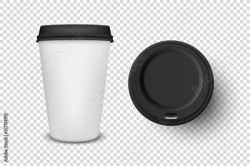 Vector 3d Realistic Disposable Opened and Closed Paper, Plastic Coffee, Tea Cup for Drinks with Black Plastic Lid Icon Set Closeup Isolated on Transparent Background. Design Template, Mockup. Top View