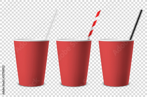 Vector 3d Realistic Red Disposable Opened Blank Paper, Plastic Coffee, Tea Cup for Drinks with Straw Icon Set Closeup Isolated on Transparent Background. Design Template, Mockup. Top and Front View