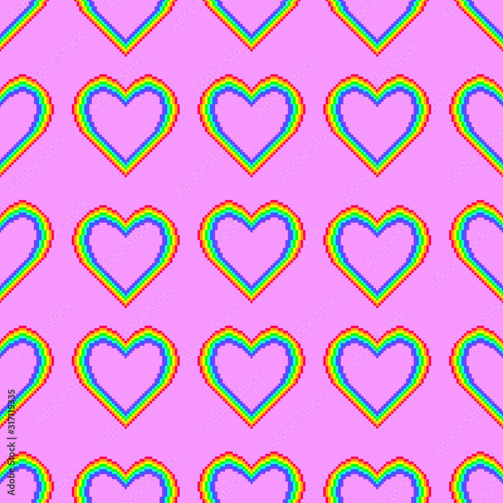 Vetor De Vector Seamless Pattern Of Hearts In Rainbow Colors Vector Rainbow 8 Bit Pixel Art 