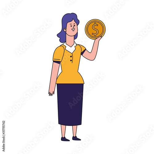 cartoon woman with money coin icon, flat design