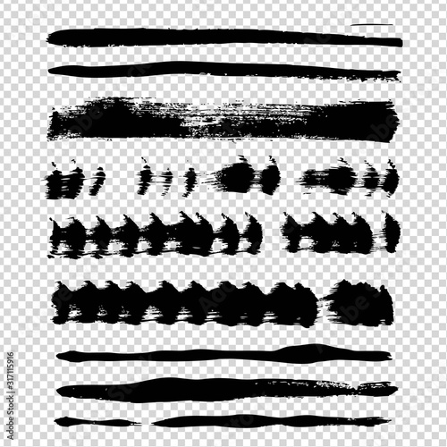 Abstract different long black brush strokes isolated on imitation transparent background