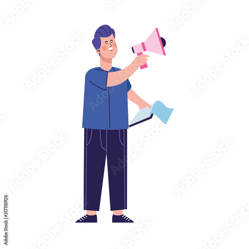 cartoon man with megaphone and clipboard, colorful design