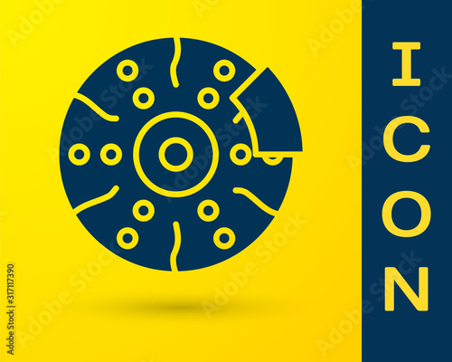 Blue Car brake disk with caliper icon isolated on yellow background. Vector Illustration