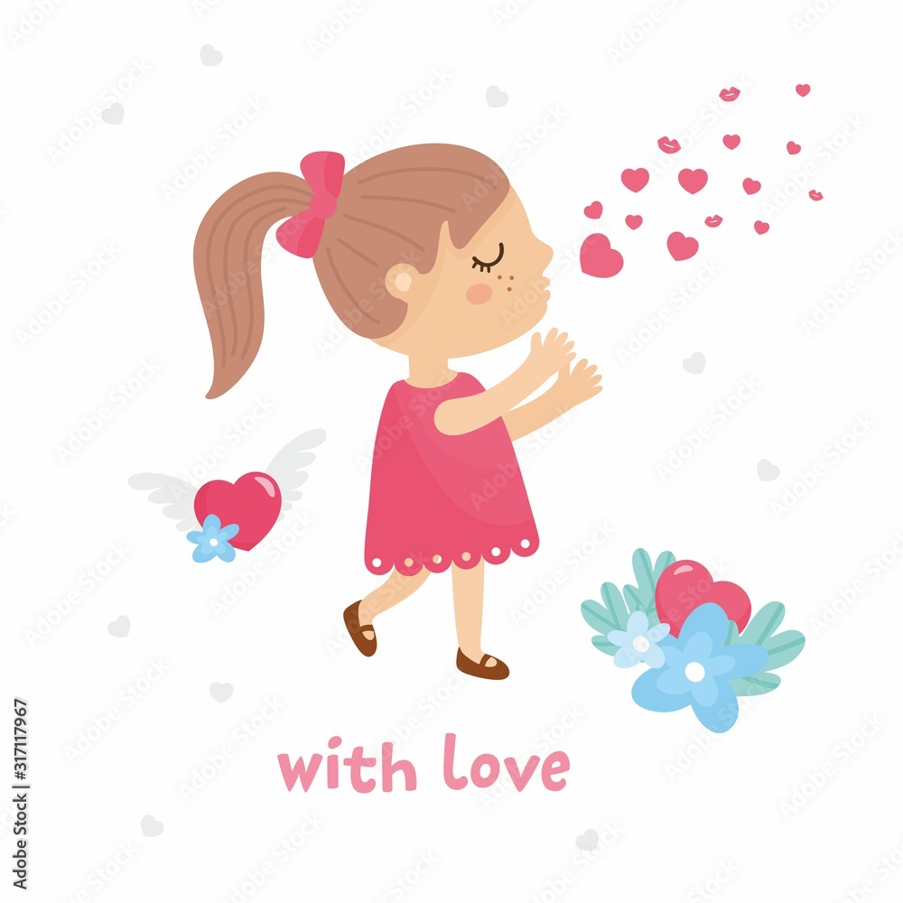 Valentine's Day romantic card. Cute illustration with sweet girl. Girl blows a kiss. Illustration for Valentines Day. «With Love» quotes. Valentine's Day romantic card. Cute illustration with sweet girl. Girl blows a kiss. Illustration for Valentines Day. «With Love» quotes.