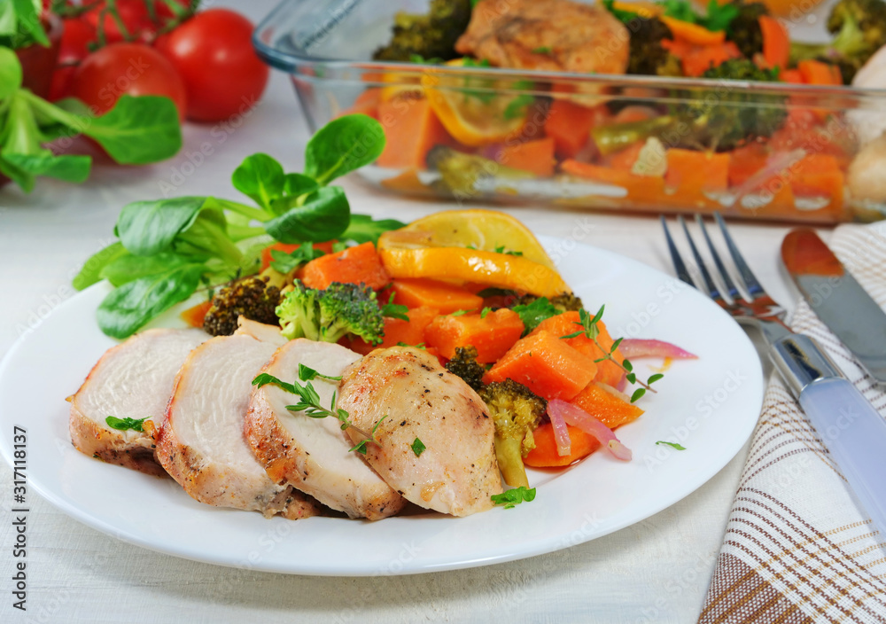Roasted chicken breast sliced with sweet potatoes and vegetable salad on white plate Roasted chicken breast sliced with sweet potatoes and vegetable salad on white plate