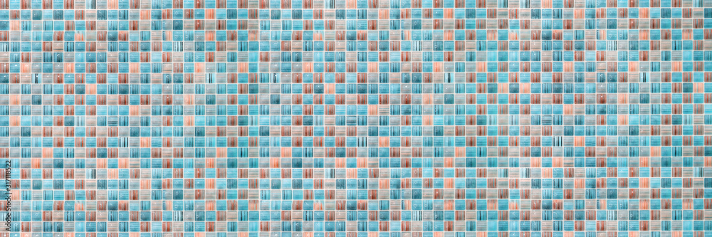 Geometric pattern or floor and wall surface. Blue and orange mosaic tiles wide panoramic wallpaper. Geometric pattern or floor and wall surface. Blue and orange mosaic tiles wide panoramic wallpaper.