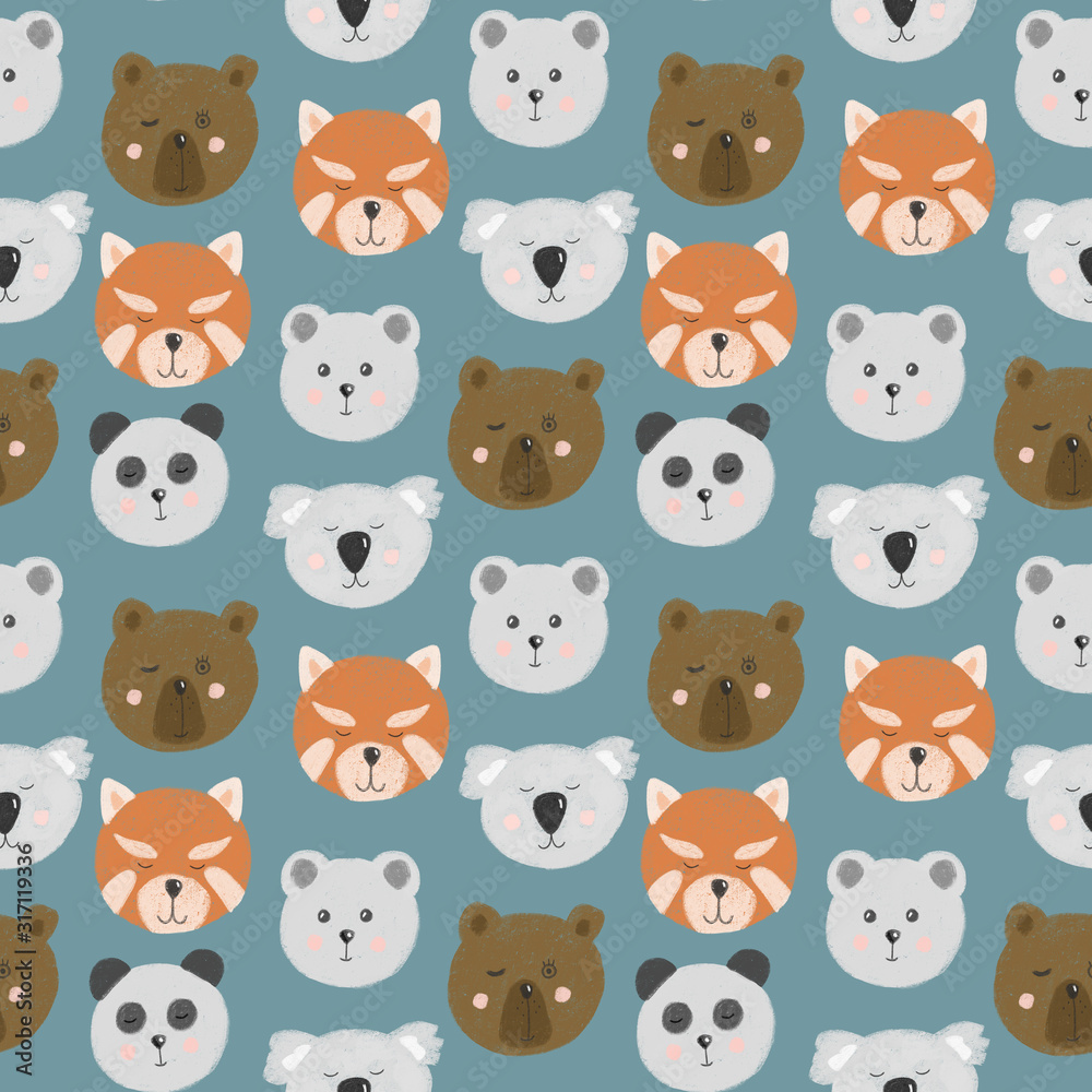 Seamless pattern with cute bear faces (bear, polar bear, panda, red panda), hand drawn isolated on a blue background