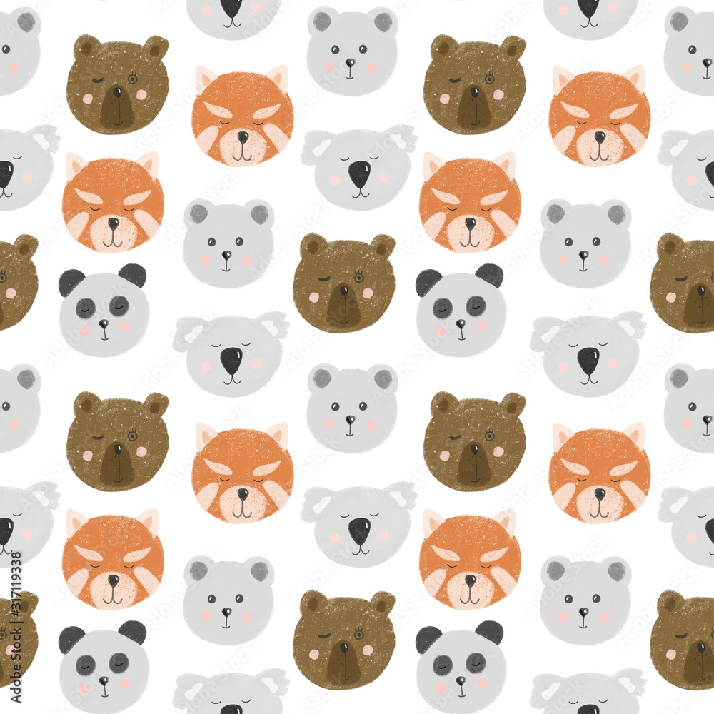 Seamless pattern with cute bear faces (bear, polar bear, panda, red panda, koala), hand drawn isolated on a white background