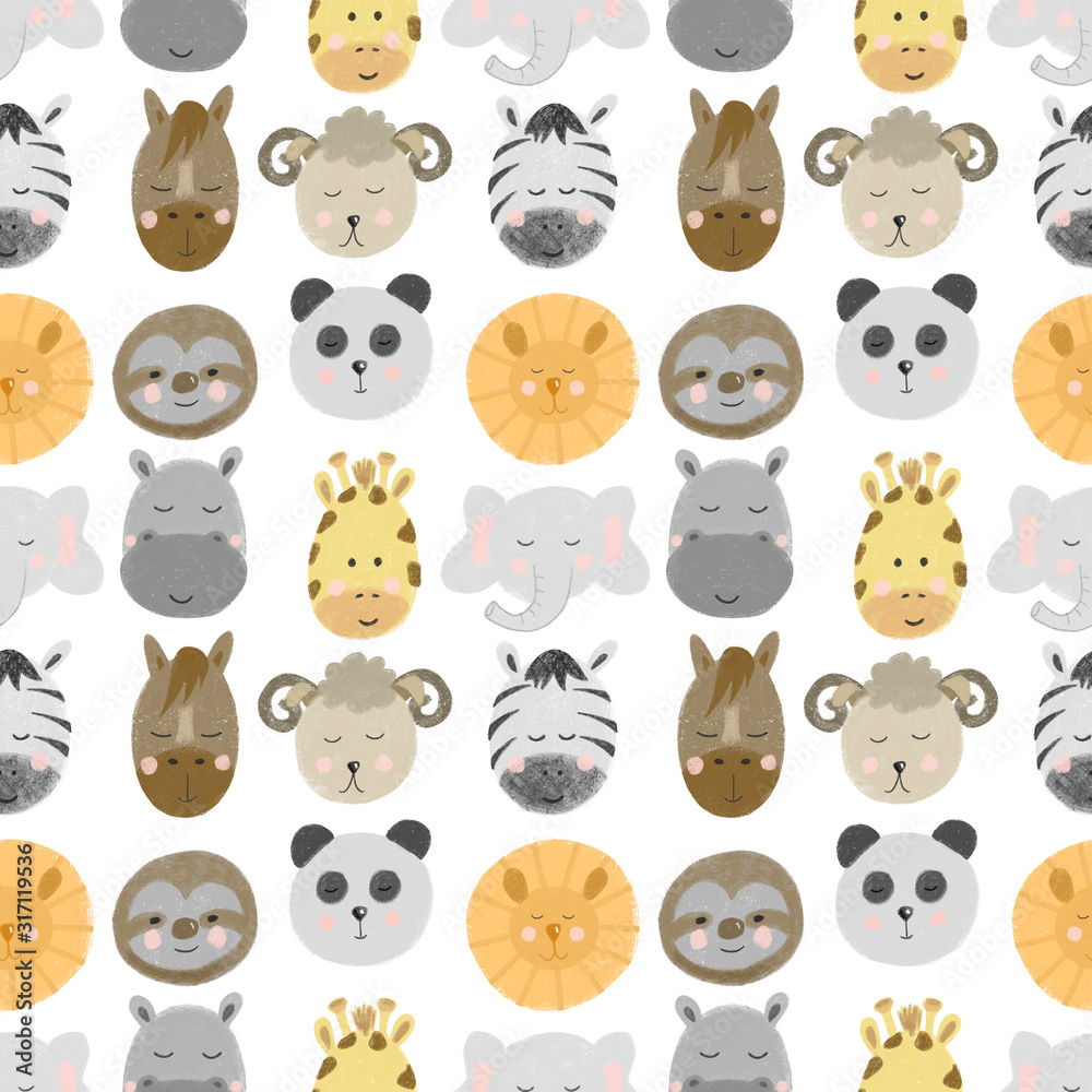 Seamless pattern with african and american animal faces (lion, zebra, sloth, giraffe etc), hand drawn isolated on a white background