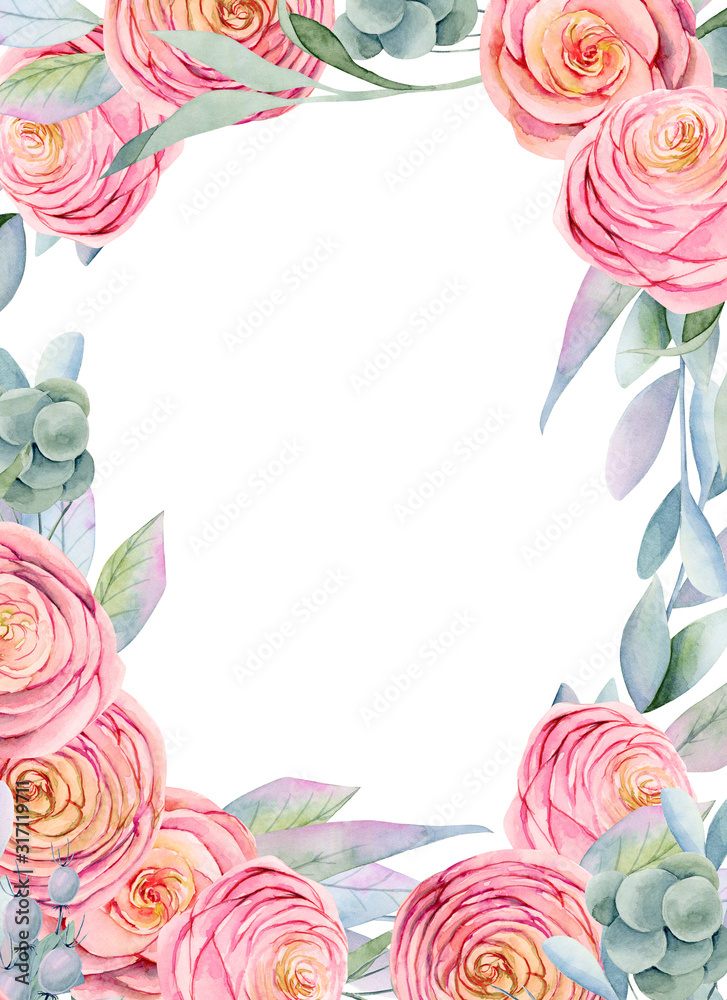 Frame, floral border of watercolor pink roses and branches, hand painted on  white background, wedding card template Stock Illustration | Adobe Stock
