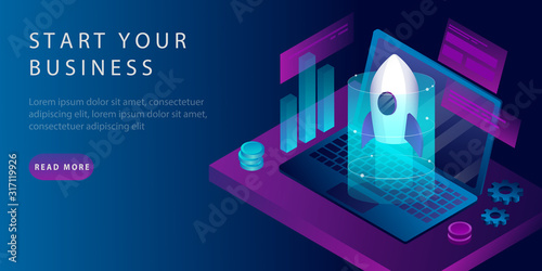 Isometric Startup modern design concept with a rocket and a laptop. Landing Page Design. The concept of launching a new business or startup. vector illustration