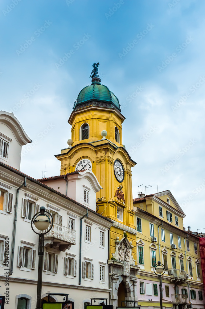 Yellow City Clock Tower in the center of Rijeka, Croatia