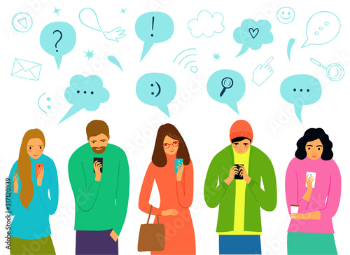People on white background standing and looking on smartphone screen.