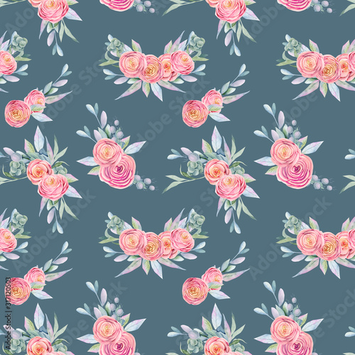 Seamless pattern of watercolor floral bouquets and compositions of roses and green plants, hand painted on dark blue background