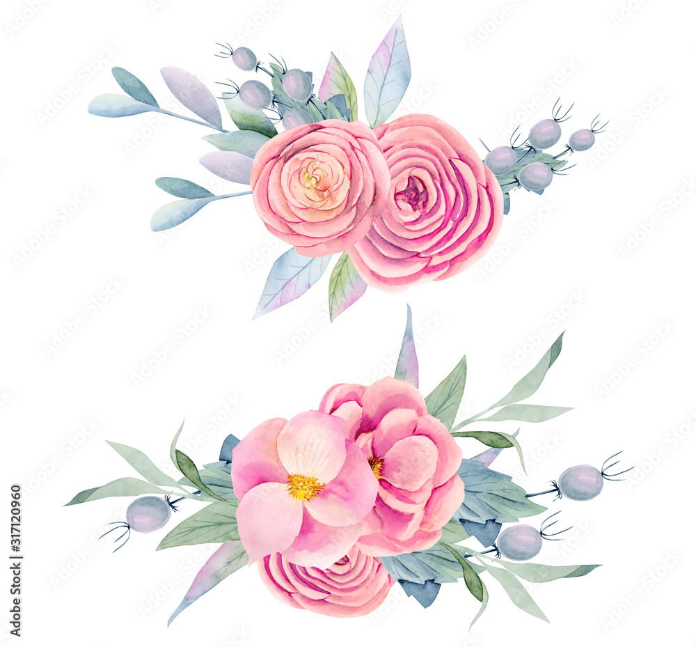 Collection of watercolor isolated bouquets of pink beautiful roses, peonies, decorative berries, green leaves and branches, hand painted on white background