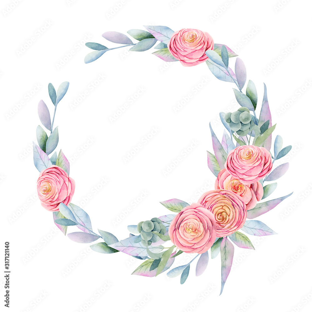 Wreath of watercolor pink beautiful roses, green leaves, berries and branches, hand painted on white background, for wedding and other festive decorations