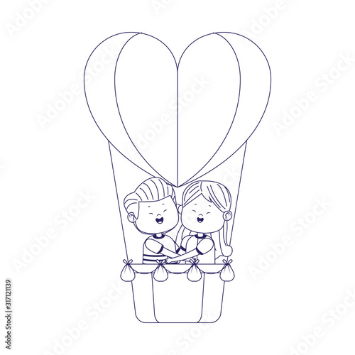 cartoon happy couple in hot air balloon in heart shape
