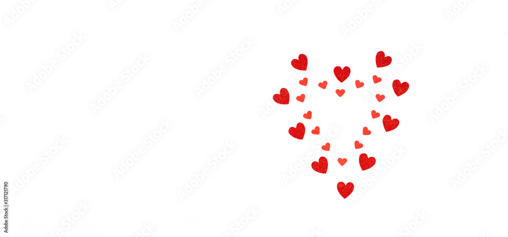 The concept of Valentine's day, holiday, love. A heart made of bright shiny hearts on a white background.
