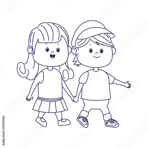 cartoon happy boy walking with cute girl, flat design
