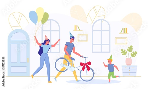 Mother and Father Give Bicycle as Present for Son.